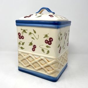 Vtg. Inspirado Clay Stonelite Canister Handpainted Cherries/Leaves Design Pretty